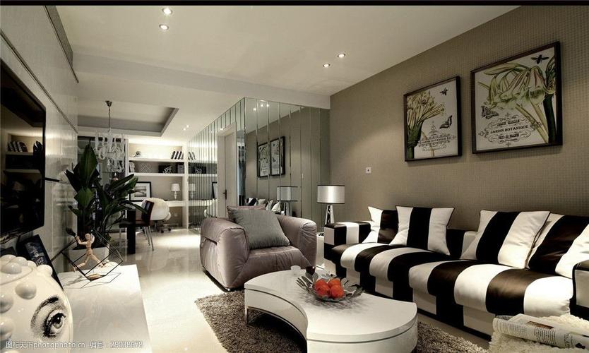 现代时尚黑白竖条纹沙发客厅室内装修效果图